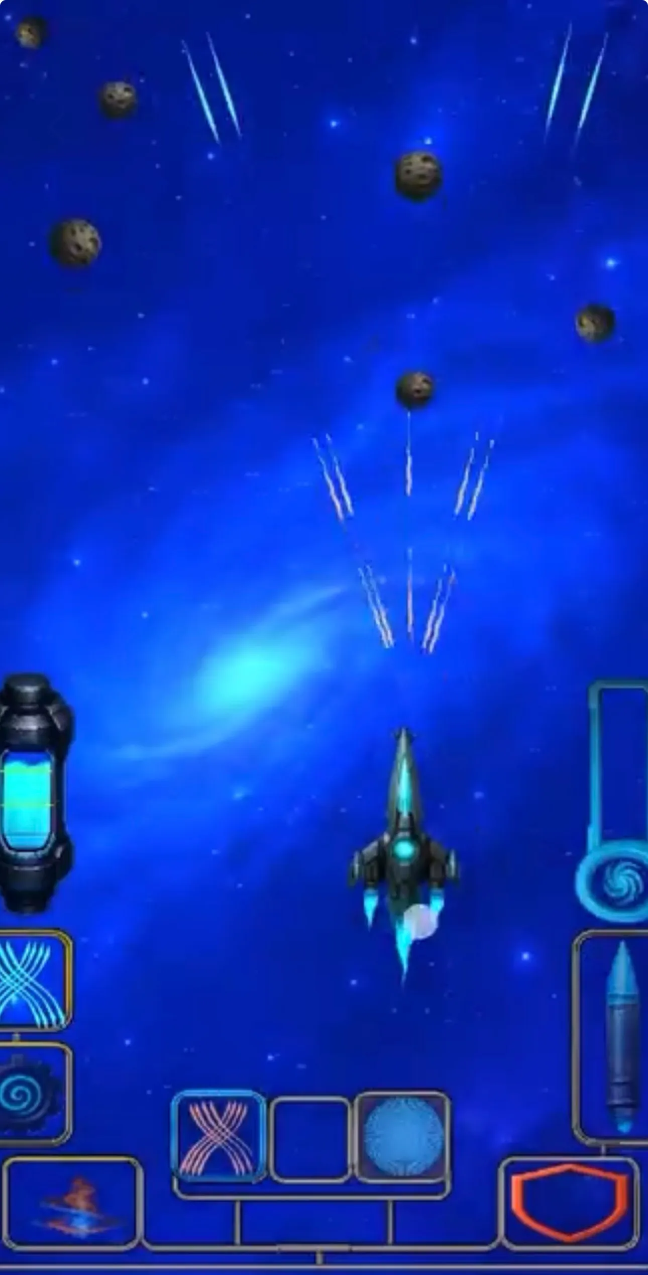 An early build of Belixo on a phone: the ship firing on asteroids over a blue nebula, with weapon and ability slots along the bottom edge