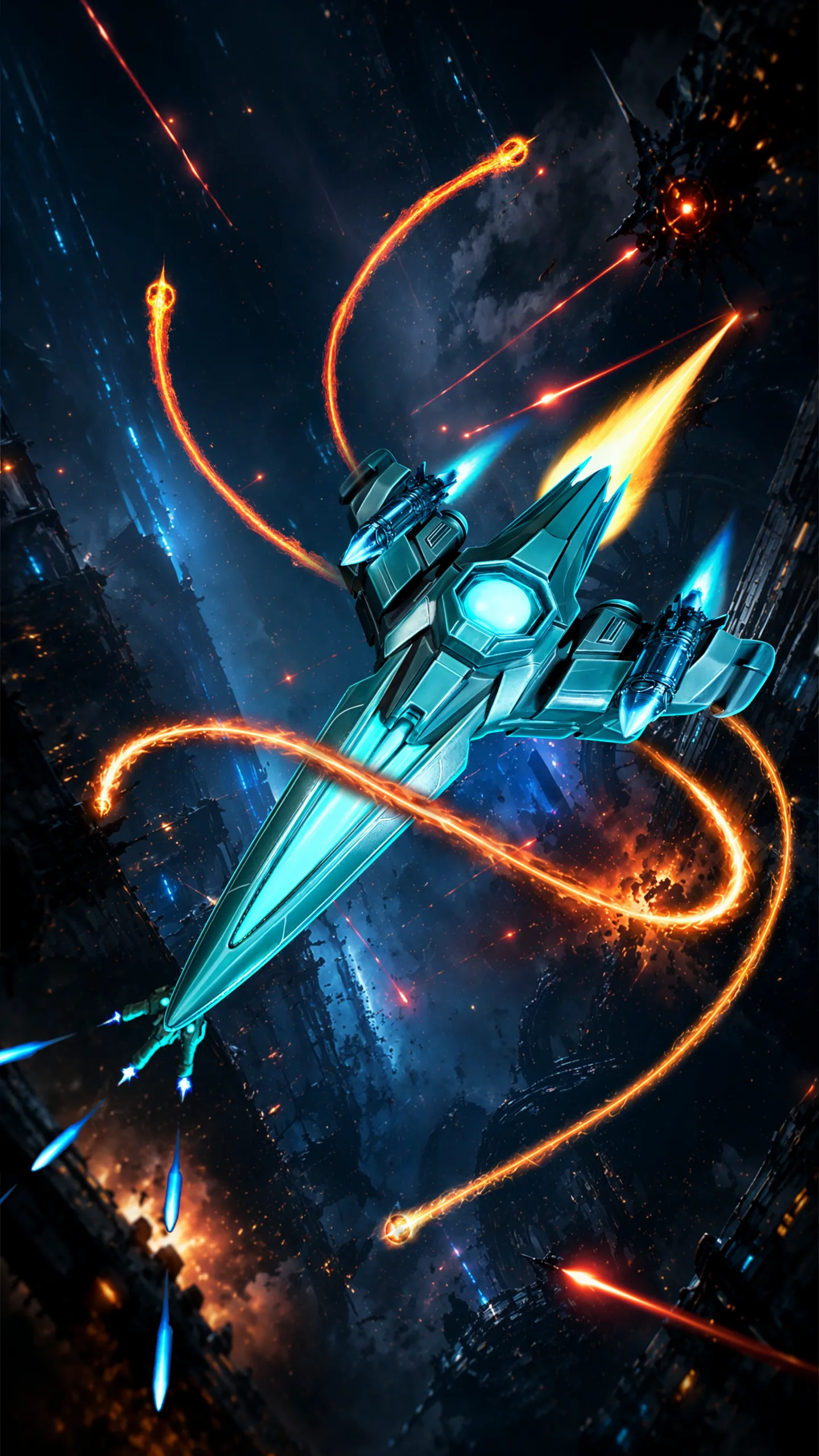 Belixo key art: a cyan starfighter cutting through orange energy trails above a dark city